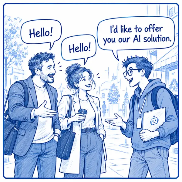 A salesman offers an AI solution to a couple on the street