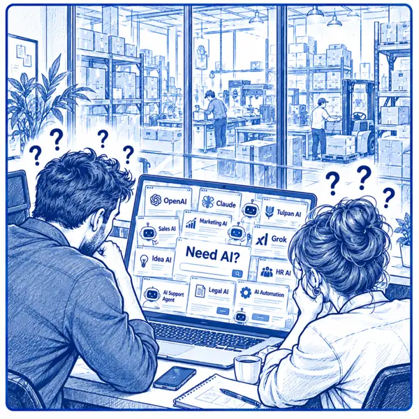 Two people puzzled in front of a laptop full of AI tools